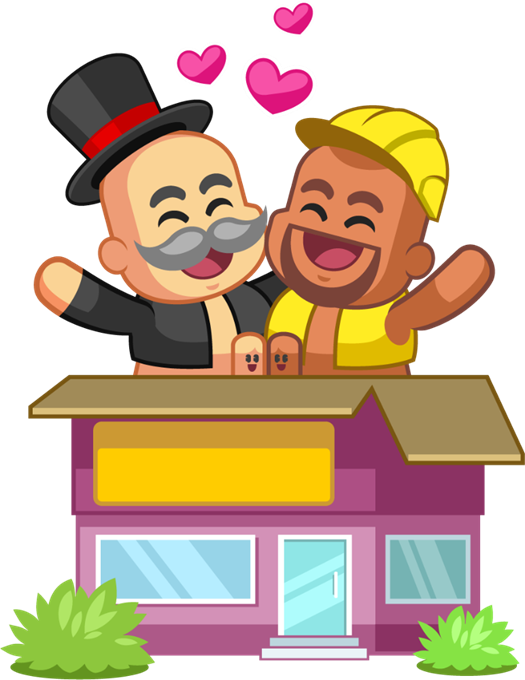 an animated picture of a two man on top of a house
