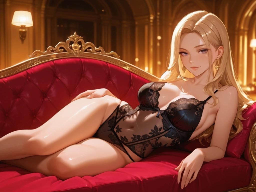 An AI blonde hentai lady in the sofa